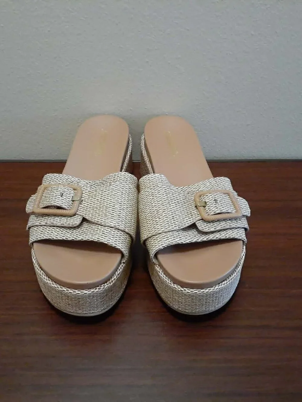 SODA Raffia Slide Platform Tan Sandals
